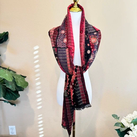 100% Cashmere Scarf Vibrant Tapestry Patchwork Artsy – Rectangular 78” x 12” - Picture 11 of 16